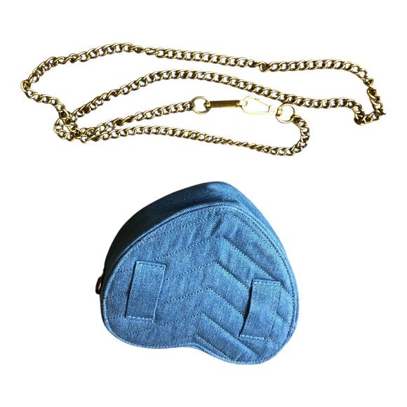 Fashion Statement Womens Crossbody Bag Denim Heart Shape Pewter Gold Chain Strap - Picture 10 of 16